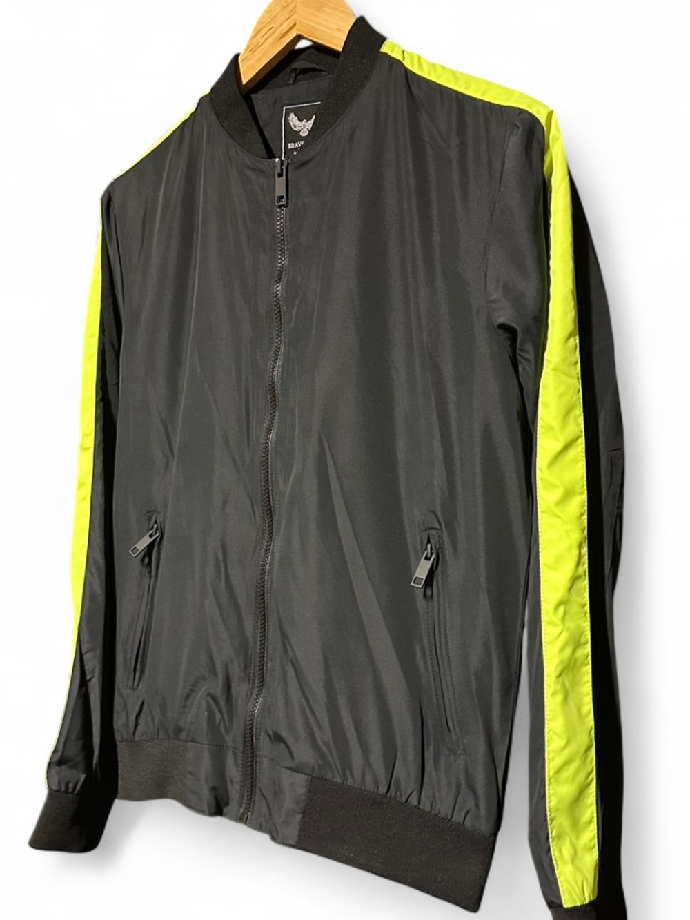 Brave Soul Black Bomber Jacket with Neon Yellow Side Stripes